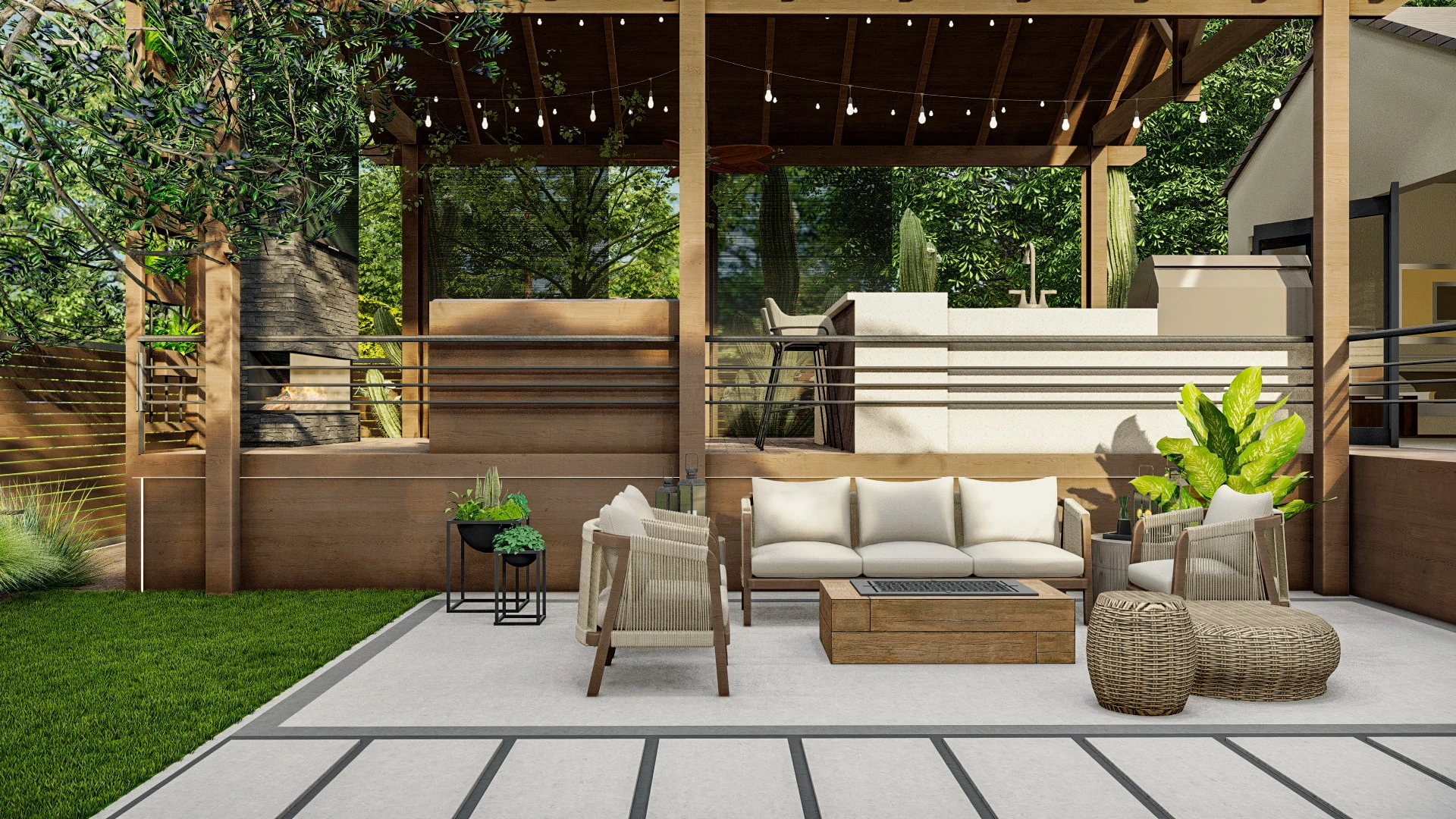 Inviting outdoor seating area with modern furniture under a pergola